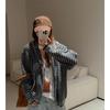 Suéter com Capuz Listrado Retro Coreano para Mulheres 2025 Novo Outono e Inverno Preguiçoso High-End Solto Tricô Cardigan Top