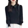 Suéter de punto de canalé de calibre alto con solapa de lana, tejido fino para primavera/verano, elegante lana Merino con calados de microdiamantes