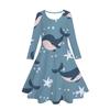 Popular Europeo y Americano Transfronterizo Amazon Estampado Digital 3D Dibujos Animados Ballena Azul y Delfín Vestido Casual de Manga Larga para Niñas