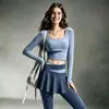 Conjunto de Yoga para Mujer Manga Larga con Almohadillas en el Pecho Cintura Cruzada Falda-Pantalón Bloque de Color Cintura Alta Levanta Glúteos Pilates Fitness Conjunto de Dos Piezas