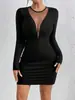 Novo vestido de malha redondo transfronteiriço da Amazon para mulheres, de manga comprida, justo, acinturado, modelador, mini vestido bodycon sexy