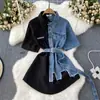 Solapa de Contraste Cintura Adelgazante Línea A Camisa de un Solo Botón Vestido de Mezclilla Camiseta Irregular de Longitud Media para Mujer Falda