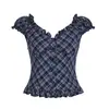 Camiseta Y2K para Mujer, Top Retro de Nicho Europeo y Americano a Cuadros con Volantes y Mangas Abullonadas, Cuello en V Sexy Estilo Ballet Francés, Adelgazante