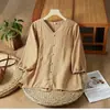 Top Casual Suelto de Moda para Mujer de Verano, Bordado Retro de Algodón y Lino, Cuello en V, Manga Media, Tallas Grandes para Mujeres de Mediana Edad