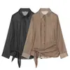 Camisa de Comercio Exterior Transfronterizo Estilo Nuevo Primavera y Otoño Cuello Solapa Lazo en la Cintura Fruncido Plisado Manga Larga Rayas Color Sólido Elegante Camisa