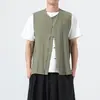 2026 Verano Tendencia Nacional Algodón Lino Hebilla de Cobre Chaleco Sencillo Talla Grande Holgado Casual Chaleco de Moda Estilo Chino Chaqueta sin Mangas para Hombre
