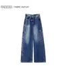 Jeans casual feminino com design lateral de strass, novo modelo de primavera, cintura alta, corte solto, emagrecedor, calça reta versátil de perna larga