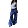 Pantalones de leñador azules de estilo americano con múltiples bolsillos para hombres y mujeres, corte limpio, holgados, de pierna recta, versátiles, con efecto apilado