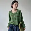 Nuevo Top de Punto de Hilo de Algodón para Otoño/Invierno 2026, Cuello Redondo, Medio Abierto, Manga Larga, Bloque de Color Rayado, Holgado, Capa Base para Mujer