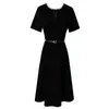 Vestido Preto com Contas Feimengyi para Mulheres, Manga Curta, Estilo Francês Hepburn de Verão, Ajuste na Cintura, Gola Redonda, Elegante Vestido Evasê