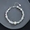 Pulseira Exquisita Nova de Prata Quebrada e Pérolas para Mulheres Outono e Inverno, Pulseira Irregular de Triângulo de Prata com Pedras Preciosas de Luxo Leve