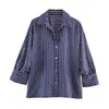 Atacado Fabricante de Roupas Femininas Transfronteiriço 2026 Moda Europeia e Americana Versátil Camisa Listrada de Manga Bufante com Gola Polo de Botão Único