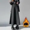 Saia Longa de Inverno para Mulheres, Cinza, Forrada com Lã Fleece, Cashmere Espesso, Acetato, Cintura Alta, Corte Evasê, Caimento Fluido, Modelo Guarda-Chuva