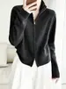 Novo suéter de moda outono e inverno 100% lã para mulheres, cardigã com zíper duplo e gola alta, casaco curto de tricô quente, grosso