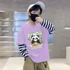 Camada de Base Infantil Masculina Estampa de Desenho Animado Algodão Puro Fina Camiseta Estilo Coreano Listrada Elegante Gola Redonda Manga Longa