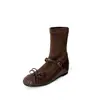Botas finas estilo balé francês, plissadas, bico redondo, com laço, salto interno, cano elástico, para mulheres, coleção de inverno 2026, salto médio, tira única