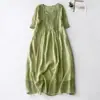 Vestido Vintage con Diseño de Pliegues de Órgano de Media Manga para Mujer, Artístico, Color Sólido, Cuello en V, Algodón Lino, Fresco, Adelgazante, de Longitud Media