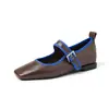 Sapatos Mary Jane Color Block de Couro Bovino para Mulheres, Sapatos de Salto Médio, Novo Estilo para o Início da Primavera, Bico Quadrado em Couro Genuíno, Sapatos de Uma Tira com Decote Baixo, Tamanho 40 para Mulheres