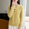 Suéter tejido de lana para mujer de otoño e invierno con cuello mandarín, tejido de ochos pequeños con patrón de rombos, suéter grueso de manga larga de dos botones, top suave y acogedor