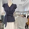 Boutique Estilo Coreano Versão Coreana Roupas Femininas Verão 2026 Camisa Top Gola Xadrez Cintura Marcada Emagrecedor