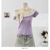 Top de Malha com Manga Curta, Patchwork com Borda Franzida, Uma Alça, Bordado para Mulheres, Verão Fino Slim-Fit Curto para Mulheres