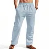 Pantalones de lino de verano transfronterizos europeos y americanos, pantalones de playa, con cordón, de rayas verticales, rectos, transpirables, casuales, largos para hombre, sin arrugas para vacaciones