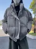 Chaqueta de Algodón Rellena de Plumas con Tie-Dye Gris en Piel Sintética para Hombre, Abrigo Grueso de Invierno con Hebilla de Avión Cuello Alto, Chaqueta Acolchada Estilo Americano