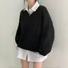 Suéter de punto holgado coreano, estilo perezoso, talla grande, con cuello, manga larga, cálido, para mujer, gris, talla única, negro