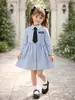Vestido Camisa de Manga Larga a Rayas Azules y Blancas para Niñas, Primavera y Otoño, con Lazo, Elegante Vestido Estilo Academia, Ropa Infantil de Exportación