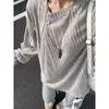 Camiseta de Manga Larga Gris Retro Americana con Cuello Asimétrico para Mujer en Otoño, Top de Punto de Capa Interior de Alto Nivel Estilo Old Money