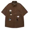 Ropa Life Bordado de Gato Camisa de Pana a Rayas de Manga Corta para Hombres y Parejas Top Retro Vintage Americano