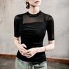 Camiseta de Malla de Doble Capa con Cuello Alto de Media Manga para Mujer Diseño Semitransparente Plisado Verano 2025 Top de Color Sólido de Media Manga para Mujer