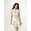 Estilo suave y elegante, cuello de muñeca, lunares, vestido de manga acampanada para mujer, verano, entallado a la cintura, adelgazante, patchwork de encaje, vestido corto, moderno