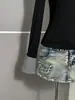 Camiseta de manga larga para mujer, estilo retro americano Y2K, falso dos piezas a cuadros, cuello camisero en V, corte ajustado