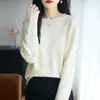Suéter de Punto de Algodón Puro con Cuello Redondo de Manga Larga para Mujer, Borde Enrollado, Color Sólido, Camisa Base Suelta, Top, Nuevo Otoño/Invierno 2026