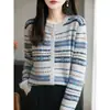 Cardigan de Tricô Jacquard Color-Block com Gola Redonda 2026 para Mulheres, Casaco Suéter Romântico Elegante, Peça Superior Macia e Estilosa para Outono e Inverno