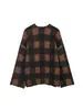 Exportação Transfronteiriça Outono e Inverno 2025 Nova Jaqueta Tricô Casual Loose Xadrez Moda Retrô com Gola Redonda para Mulheres