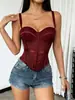 Productos Calientes Transfronterizos Europeos y Americanos Color Sólido Espina de Pescado Cintura Ceñida Malla Top de Espina de Pescado Ropa Exterior Sexy Camisola