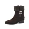 Botines de Gamuza de Vaca Estilo Relajado Melanoides 2026 Tacón Medio Grueso Punta Redonda Hebilla Plisados Piel Genuina Tobillo 41