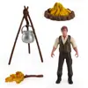 Kit de Acampamento Miniatura com Figura de Explorador 4 Peças PVC Brinquedo de Aventura ao Ar Livre Fogueira Realista Panela e Acessórios de Caminhada para Brincadeira Educação e