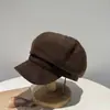 Sombrero Octogonal de Cuero Retro Elegante Coreano para Mujer, Boina Cálida de Lana para Otoño e Invierno, Boina Newsboy Adelgazante para Rostro de Celebridad de Internet