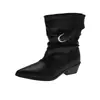 Botas vaqueras retro de mezclilla para mujer, fruncidas, apiladas, nuevas, para aumentar la altura interior, mujer 2026, punta fina, tacón grueso, botines cortos, hebilla de cinturón
