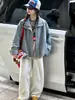 Chaqueta de cuero para niña para otoño, ropa infantil, top corto de nuevo estilo con retazos a cuadros