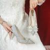 Zapatos de tacón alto Franceses Xiuhe vestido de novia principal novia uso bidireccional Otoño nuevo lazo de cristal con lentejuelas punta zapatos de una sola capa para mujer