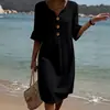 Moda de verão feminina europeia e americana novo estilo transfronteiriço decote V solto cor sólida botão casual manga três quartos vestido feminino