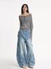 Roupas Femininas de Seda Laranja # Jeans Scimitar Azul Retrô Americano para Mulheres, Calças Cargo Wide-Leg Vintage Lavadas de Outono com Bolsos Grandes