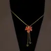 Colar Folha de Bordo com Zircônia Vermelha para Mulheres Corrente de Suéter de Verão de Alta Qualidade Colar com Pingente Longo Retirável Acessível Luxo Versátil Joias