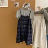 Conjunto de Verano 2026 para Niñas, Nuevo Estilo Coreano para Niños Mayores, Vestido de Tirantes a Cuadros Estilo Bosque, Conjunto de Tres Piezas de Color Sólido con Manga Corta, Moderno