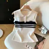 Colete de Tricô Cropped Listrado de Seda de Gelo Feminino Roupa de Verão Camisa Polo Novo Estilo Coreano Camiseta Sem Manga Top