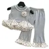 Conjunto de Dos Piezas para Niñas Verano 2026 Estilo Francés Chic Chaleco sin Mangas con Broche de Encaje + Leggings para Niños Pequeños